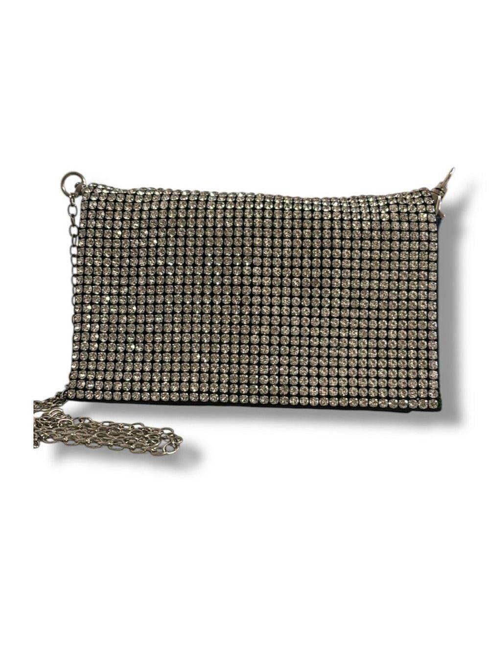 Silver Crystal Evening Bag Encrusted Chain Strap Black